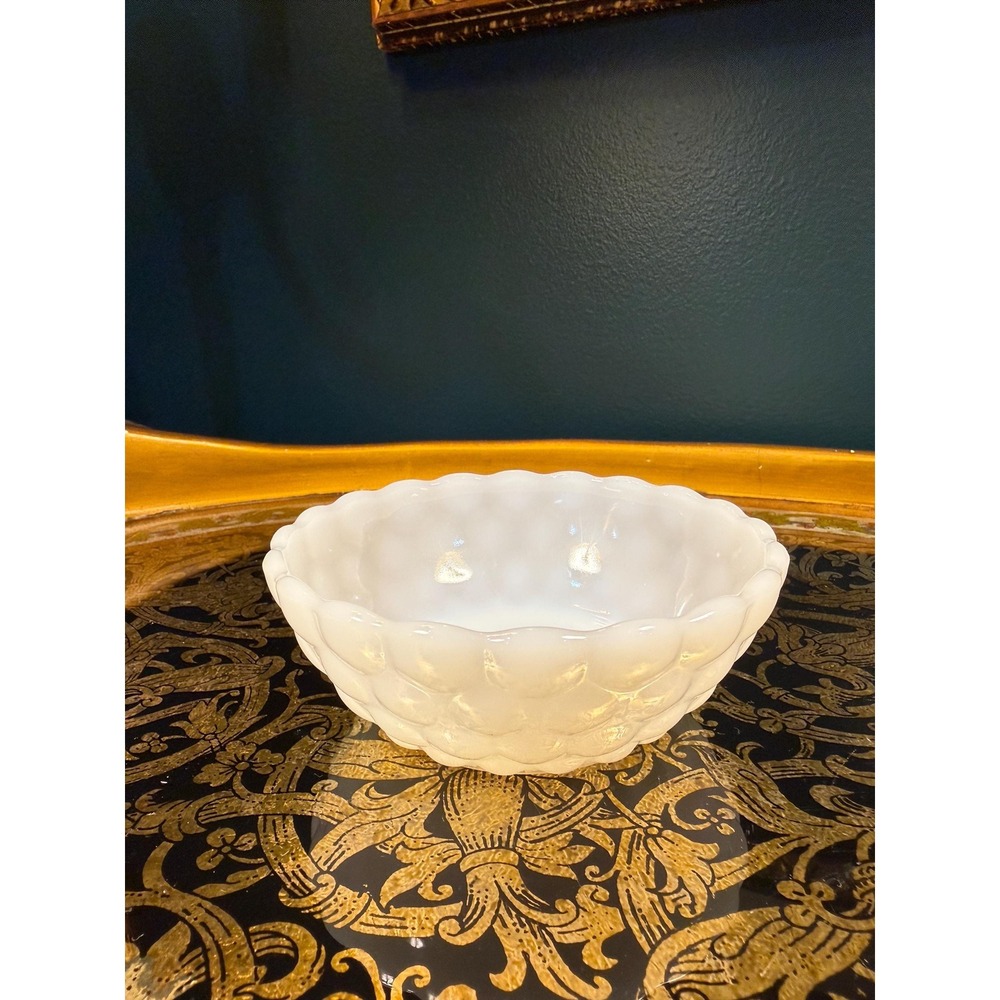 Vintage‎ Milk Glass Bowl with Label | Mid Century Scalloped White Dish 4.5"